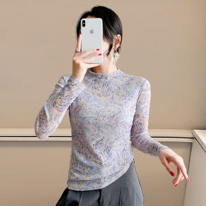 REHIN High-Neck Printed Mesh Top – Elegant Autumn Winter Long Sleeve T-shirt Slim Fit Blouse