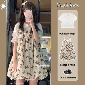 Summer Sweet Small Size Dress Set Women Slimming Strap Short Skirt Anti-Aging Bubble Sleeve Shirt Two-Piece Set Trendy