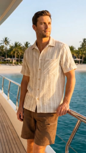 camel active Mens Outdoor Casual Regular Fit Short Sleeve Shirt - Cloud Cream 102-X26H1905