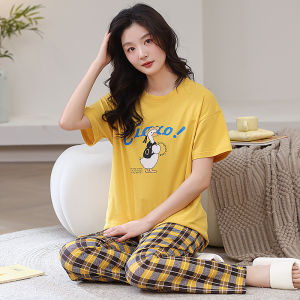 2025 Summer New Womens Sleepwear Pure Cotton Thin Loose Short Sleeve Long Pants Home Comfortable Clothing Set Casual Print Design
