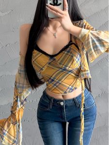 Y2718 Pure Sweet and Spicy Lace Lace Thin Plaid Mesh See-through Slim-Fit Camisole Thin Slim Vest