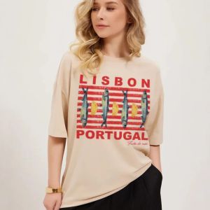 Womens Retro Lisbon Sardine Graphic Tee Cute Aesthetic Coastal Travel T-Shirt Short Sleeve Cotton Vintage Top for Ladies
