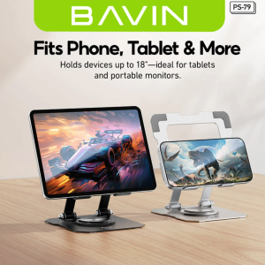 BAVIN PS79 Foldable Adjustable Metal Stand Stable w/ Premium Material 360° Rotating Holder for Phones & Tablets