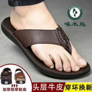 Woodpecker Genuine Leather Sandals Mens Summer New Beach Shoes Casual Breathable Slip-On Anti-Slip Thong Slippers Trendy