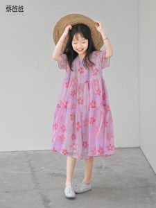 Chai Dad Pure Flax Girls Dress Pink Flower Skirt Summer Fashionable Childrens Clothing Short Sleeve Plant Floral Pattern