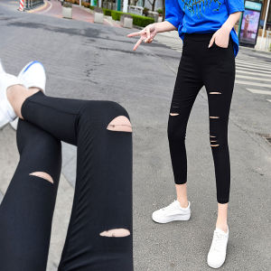 Black Leggings 2024 Autumn Summer New Hole Ripped Tight Leggings Small Foot Pants Magic Little Black Pants Eighteen Shorts