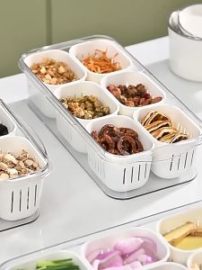 🥦กล่องเก็บเครื่องปรุง🥦กล่องเก็บอาหาร สามารถบันทึกเวลาได้ สําหรับตู้เย็น รักษาความสด แยกอาหาร แบ่งช่องระบายน้ํา 6/8 ช่อง