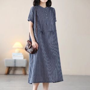ชุดเดรสคอตตอนลินินแขนสั้นทรงหลวมสำหรับผู้หญิงในฤดูร้อนปี 2024 ชุดเดรสคอตตอนลินินทรงหลวมสบาย ๆ ทรงสลิมฟิต