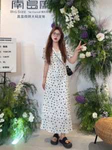 plus Size Summer Floral Print Dress V-Neck Short Sleeve Slimming Concealing Long Dress by Nan Dao Feng A-Line Skirt Polyester