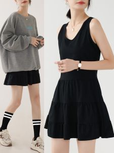 Black Sleeveless Hoodie Inner Wear Vest Dress Midi A-Line Hem Butt Covering Base Layer Clothing Cotton 100% Pure Color