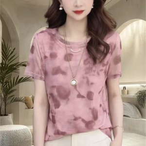 Thin Ice Silk Womens T-shirt Summer New Arrival Silm Slim Looking Printed Breathable Double-Layer Mesh round Neck Short Sleeve Tops