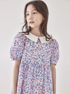 New 2023 Girls Pink Purple Floral Print Turn-down Collar Dress Children Summer Romantic Energy Bubble Sleeve Princess Skirt