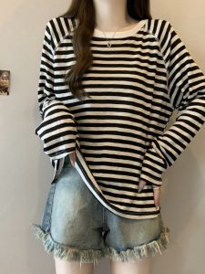 Thin Ice Silk Slub Cotton Stripes Sun Protection T-shirt Womens Summer Plus Size Plus Size Ladies Mid Length Long Length Outerwear Cover-up Raglan Tops