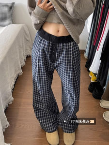 Quần Ống Rộng Kẻ Caro Phong Cách Retro Mùa Đông 2025 Cho Nữ Quần Ống Đứng Rộng Rãi Quần Thường Ngày Quần Ống Rộng Màu Xanh Lam