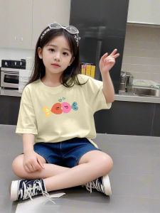 2025 New round Neck Short Sleeve T-Shirt Childrens Summer Clothing Cartoon Heart Fish Print Versatile Cotton Top for Girls