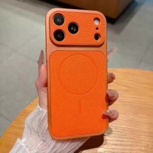 Luxury Lychee Leather Texture For Magsafe Magnetic Phone Case For iPhone 17 16 15 14 13 Pro Max Wireless Charge Matte Back Cover