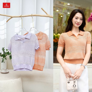 Áo sợi cotton nữ CARDINA cổ polo xẻ V dáng basic thoáng mát 5ALC04