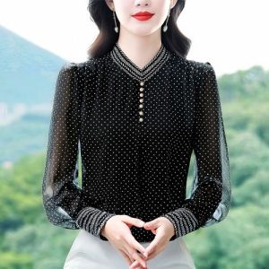 MAIMEI | Elegant Retro Womens Shirt Spring Autumn New Style Polka Dot Versatile Base Layer Top Slimming Moms Shirt Commute Style
