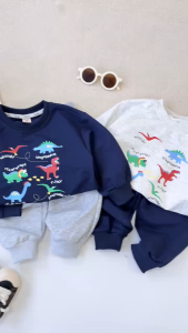 Set bộ Tiny Dino thun da cá dài tay phối màu họa tiết khủng long quần dài 9 tới 27kg BERNIE H0725B48