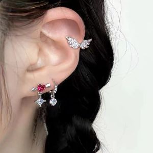 Pink Heart Shaped Zircon One Arrow through the Heart Ear Bone Nail Full Diamond Wings Crystal Design Personality Ear Nestle
