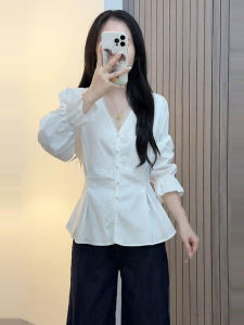 Lace Splice V-Neck Long Sleeve Womens Shirt Autumn Winter plus Size Conceal Belly Slim Irregular Hemline Top Commute Style