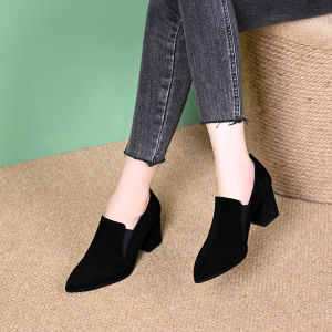 Fall Winter Deep Mouth Single Shoes Womens 2025 New Frosted Leather Pointed Toe High Heel Thick Heel Comfortable Professional Work Shoes