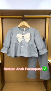 X BABY Setelan Anak Perempuan Set Anak Cewek Lengan Panjang Katun Polos Pita U-Neck Korean Style Usia 1-4 Tahun