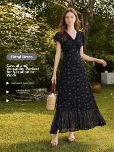 LIDIA | French Style Black Floral V-Neck Waist-Cinching A-Line Flared Sleeve Long Dress