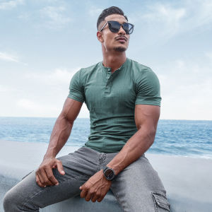 Mens Slim Fit Sporty Short Sleeve T-Shirt Fitness Training Running Casual Pure Color Henry Collar Base Shirt Summer Cotton