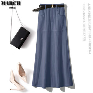 High Waist A-Line Midi Skirt Womens Summer Casual Cotton Feel Slimming Long Skirt March Rose Commute Style Pure Color