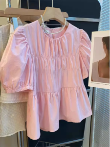 East Gate Bubble Sleeve Shirt for Women Summer Chic Ruffled Design Sweet Little Blouse by KK Studio Select Recommendation