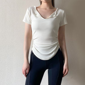 Slimming Fitness Clothes Womens Sporty Top Short Sleeve Thin Yoga T-shirt Elastic Waist Drawstring Breathable Artificial Cotton