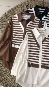 Kemeja Wanita Bahan katun Kombi Rompi Rajut Korean Style Atasan Cewek Formal Kekinian