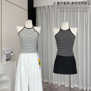 เสื้อกั๊กแขวนคอลายทางอเมริกัน เด็กผู้หญิง สีดำ สีขาว ผู้หญิง ดีไซน์ พรางหุ่น ลำลอง ท็อป โพลีเอสเตอร์ ใยสังเคราะห์ 100 ฤดูใบไม้ผลิ 2025