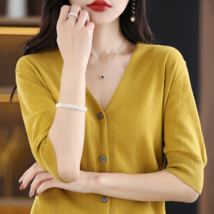 New Summer Womens Short Sleeve Open Cardigan V-neck Thin Pure Cotton Versatile Half Sleeve T-shirt High Quality Five Sleeve Top