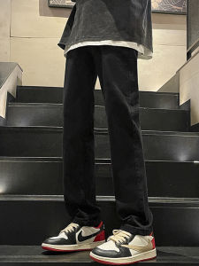 Black Fleece Lined Mens Jeans Straight Leg Winter Slim Fit Long Casual Pants mid Waist Zipper Closure Cotton Polyester Blend