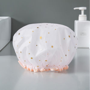 Amoki Double-layer Waterproof Shower Cap Fashion Bathing Caps Star Pattern Bathroom Hair Salon Supplies