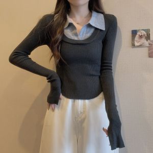 เสื้อสเวตเตอร์คอโปโลแขนยาวทรงเข้ารูปสไตล์เกาหลีสำหรับผู้หญิงไซส์ใหญ่ ทรงเข้ารูป ทรงสั้น ทรงไม่สมมาตร เสื้อชั้นในสีบล็อก