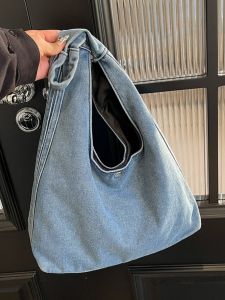 Casual Denim Canvas Tote Bag Large Capacity Single Shoulder Bag Artistic Retro Style Commuting Bag for Young Adults