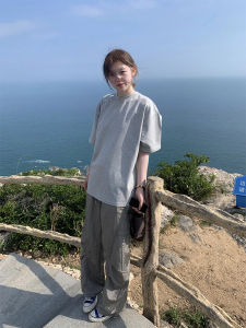 Light Grey Heavyweight Mens T-shirt Summer Trendy American Retro Short Sleeve round Neck Cotton Pure Fit Casual Top