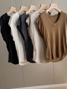 Sweet Spicy Short Sleeve Pure Cotton V-neck T-shirt Women Summer Slim Fit Short Style American Retro Top Commute Korean Style