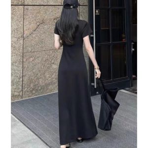 ชุดเดรสยาวคอเหลี่ยมสไตล์ฝรั่งเศสสง่างาม ทรงเข้ารูป แขนสั้น ผ้าฝ้ายผสม ฤดูร้อน กระโปรงยาวคลุมเข่า แฟชั่นผู้หญิง