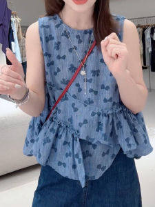 Shalldoer | Korean Style Butterfly Knot Print Blouse Women Summer Design Ruffle Hem Pleated Sleeveless Top Floral Print Casual Round Neck