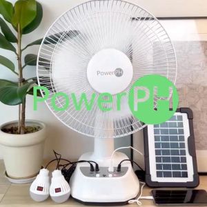 POWERPH 12 14inch Rechargeable Electric Solar Fan With 3W 5W 10W Solar Panel 2 LED Light Outlet Charger