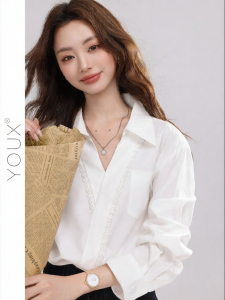 YOUXIANG | Áo Sơ Mi Dài Tay Cổ Polo Có Khuy Hoa