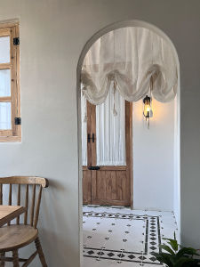 Japanese Style Linen Arch Door Curtain Roman Magic Half Curtain Pull up Curtain Partition Light Translucent Plant Floral Pattern