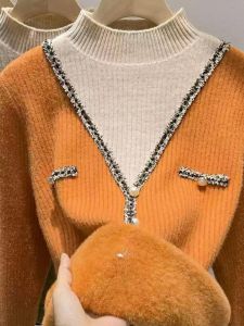 Thickened Fleece Lined Knitted Sweater Half High Collar Turtleneck Womens Knitwear Color Block Base Shirt Winter New Style