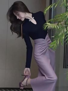QFN | Elegant Black Upper Clothing Purple Ruffled High-Waisted Skirt