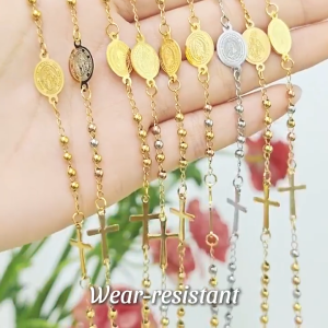 [COD Local Delivery]Rosary Bracelet for Women Gold Plated Stainless Steel Religious Cross and Virgin Mary Prayer Bracelets First Communion Gifts