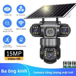 Camera Wifi Năng Lượng Mặt Trời V380 Với Ba Ống Kính Màn Hình 3 Inch Ngoài Trời Tự Động Theo Dõi Không Dây Phát Hiện Chuyển Động PIR An Ninh Pin CCTV